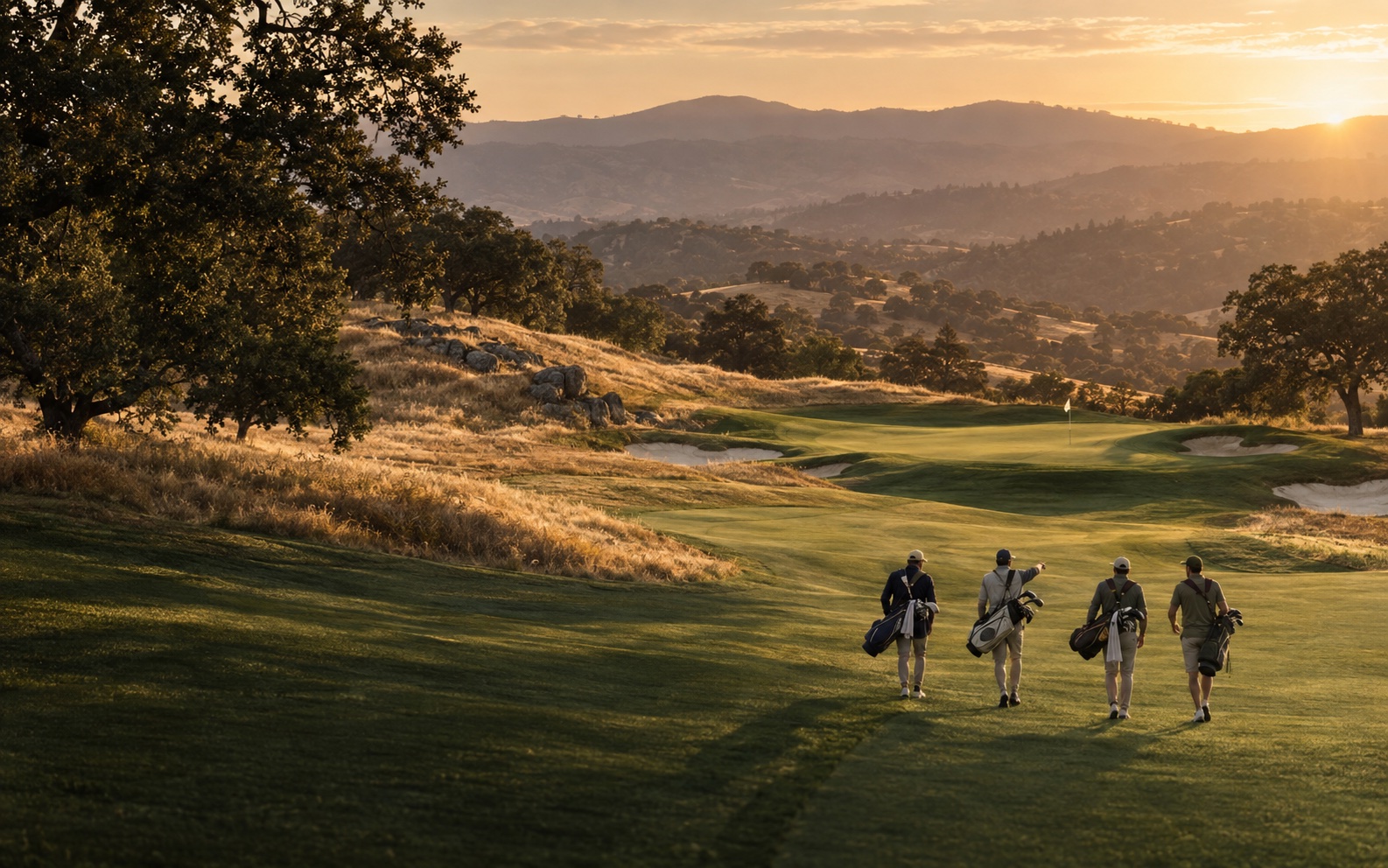 Four friends walking toward a golf green in the California hills at sunset